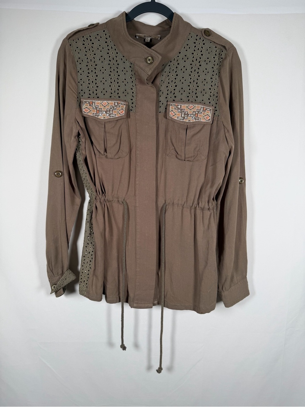 Miss Me Y2K Earthy Brown Eyelet Utility Jacket with Embroidered Pockets Boho